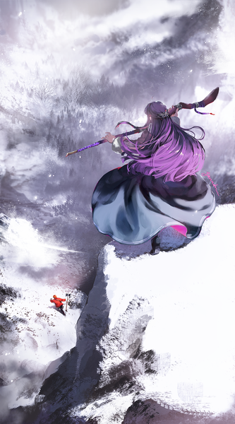 Anime picture 1414x2549 with sousou no frieren fern (sousou no frieren) stark (sousou no frieren) ganada long hair tall image purple hair full body outdoors from above girl boy staff
