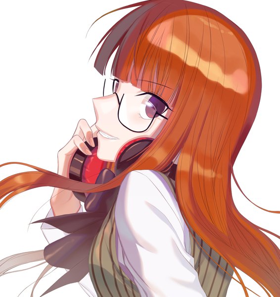 Anime picture 1081x1146 with persona 5 persona sakura futaba lemonpear single long hair tall image looking at viewer fringe simple background smile white background purple eyes upper body blunt bangs profile orange hair headphones around neck girl glasses