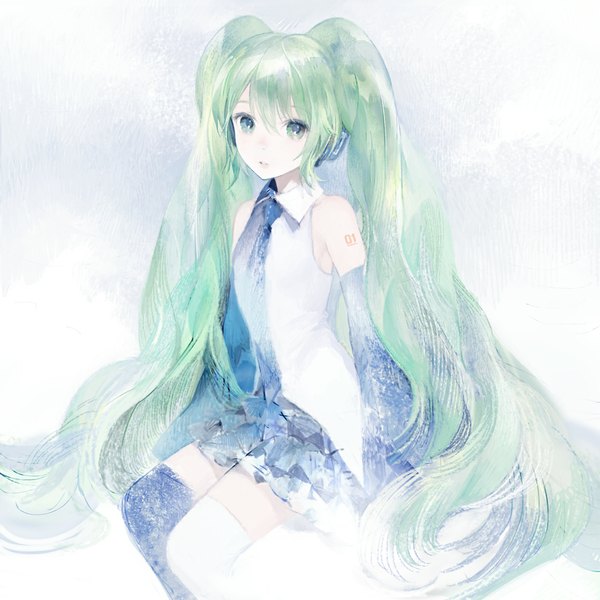 Anime picture 1139x1139 with vocaloid hatsune miku matayoshi single looking at viewer simple background white background sitting twintails bare shoulders very long hair aqua eyes green hair girl thighhighs detached sleeves