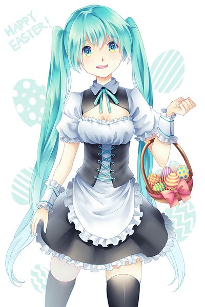 Anime picture 700x1050 with vocaloid hatsune miku ling (vivianling) single long hair tall image fringe smile looking away parted lips aqua eyes aqua hair underbust waitress easter girl thighhighs black thighhighs apron wrist cuffs