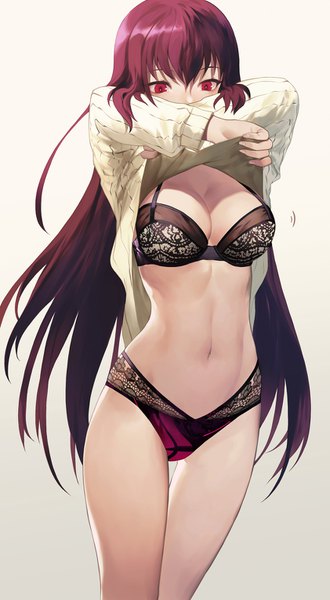 Anime picture 842x1528 with fate (series) fate/grand order scathach (fate) (all) scathach (fate) salmon88 single long hair tall image looking at viewer fringe breasts light erotic simple background hair between eyes red eyes large breasts standing cleavage purple hair long sleeves