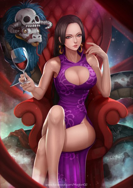 Anime picture 850x1202 with one piece toei animation boa hancock salome (one piece) magion02 single long hair tall image looking at viewer blush breasts blue eyes light erotic black hair large breasts sitting bare shoulders holding signed payot