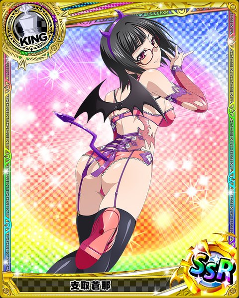 Anime picture 640x800 with highschool dxd sona sitri single tall image short hair light erotic black hair purple eyes ass tail looking back horn (horns) torn clothes card (medium) girl thighhighs underwear panties black thighhighs detached sleeves