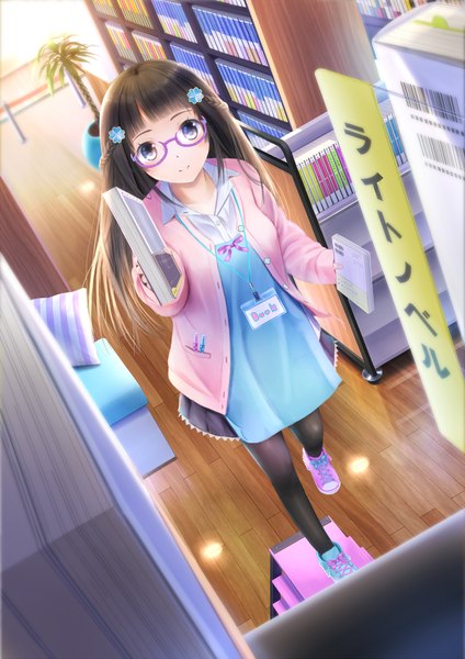 Anime picture 826x1168 with original taka (tsmix) single long hair tall image looking at viewer blue eyes black hair girl dress pantyhose glasses book (books)