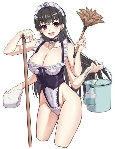 Anime-Bild 1140x1470 mit original nakata shizu single long hair tall image looking at viewer fringe breasts open mouth light erotic black hair simple background smile large breasts standing white background purple eyes holding blunt bangs :d