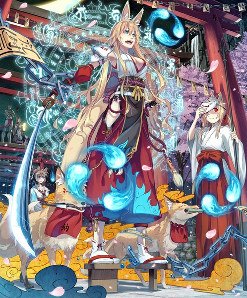 Anime picture 675x813 with original kimura (ykimu) long hair tall image fringe breasts open mouth blue eyes blonde hair red eyes large breasts standing multiple girls holding animal ears looking away cleavage ponytail tail traditional clothes