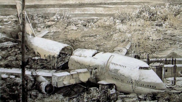 Anime picture 1920x1080 with tokyo magnitude 8.0 kinema citrus highres wide image monochrome landscape ruins screenshot aircraft airplane