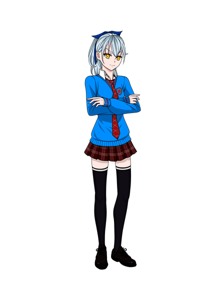 Anime picture 2480x3508 with smart anime review smart-chan (masha) ekaterina andreevna single tall image looking at viewer fringe highres short hair smile yellow eyes silver hair full body ponytail zettai ryouiki plaid skirt crossed arms transparent background girl thighhighs