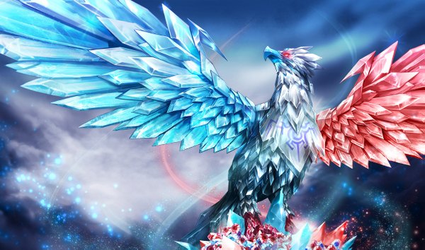 Anime picture 1215x717 with league of legends anivia (league of legends) single red eyes wide image sky cloud (clouds) animal bird (birds) crystal ice