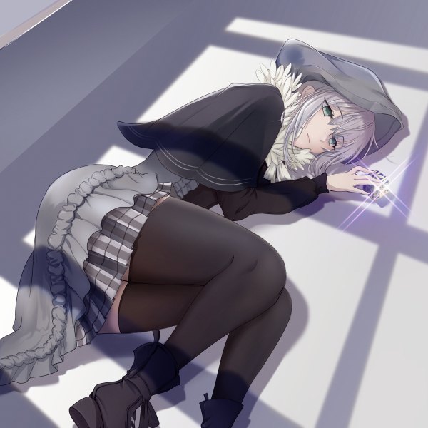 Anime picture 1200x1200 with fate (series) lord el-melloi ii case files gray (fate) add (lord el-melloi ii) miaowu miaoha single fringe short hair blue eyes hair between eyes payot looking away silver hair full body bent knee (knees) indoors lying long sleeves pleated skirt from above