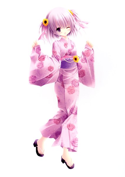 Anime picture 4960x7015 with love kano tinker bell tall image blush highres short hair open mouth simple background white background purple eyes absurdres silver hair traditional clothes japanese clothes one eye closed hair flower wink loli two side up floral print