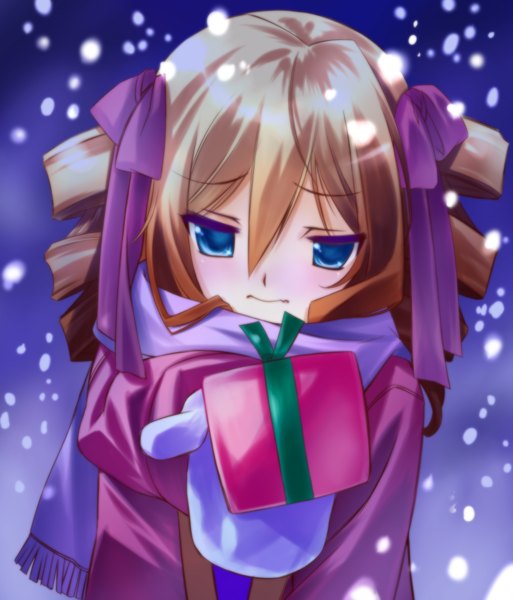 Anime picture 2000x2338 with tokyo ravens 8bit dairenji suzuka senomoto hisashi single long hair tall image looking at viewer blush highres blue eyes blonde hair drill hair snowing valentine girl ribbon (ribbons) hair ribbon gift mittens