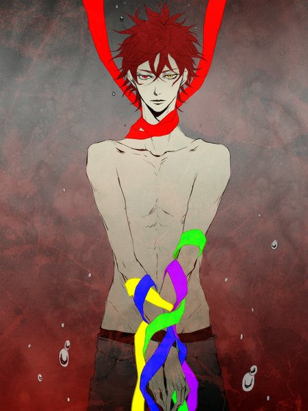 Anime picture 600x800 with kuroko no basket production i.g akashi seijuurou ist single tall image fringe short hair lips heterochromia underwater bondage shirtless boy ribbon (ribbons) pants bubble (bubbles)