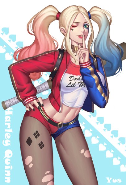 Anime picture 2786x4093 with batman suicide squad dc comics harley queen yus single long hair tall image looking at viewer highres breasts light erotic blonde hair standing twintails signed payot blue hair pink hair nail polish