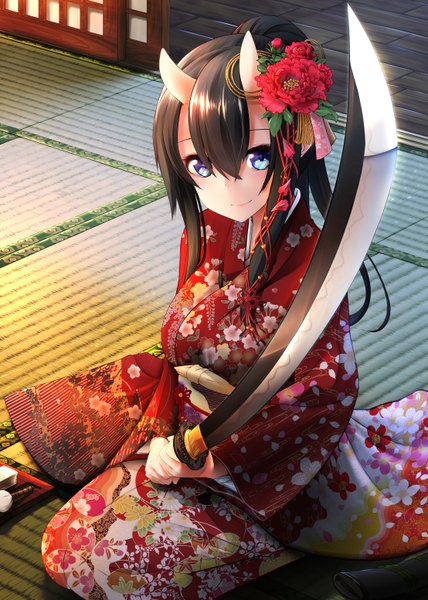 Anime picture 1108x1554 with original nekobaka single long hair tall image looking at viewer blue eyes smile brown hair sitting bent knee (knees) ponytail indoors traditional clothes japanese clothes hair flower horn (horns) kneeling floral print oni horns
