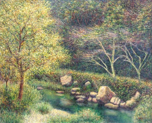 Anime picture 1354x1099 with original keisirou landscape river nature traditional media plant (plants) tree (trees) grass stone (stones)