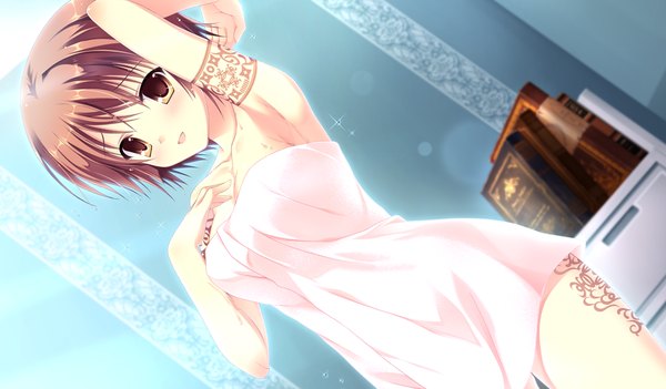 Anime picture 1024x600 with da capo iii hinomoto aoi takano yuki (allegro mistic) blush short hair light erotic brown hair wide image brown eyes game cg tattoo naked towel girl towel