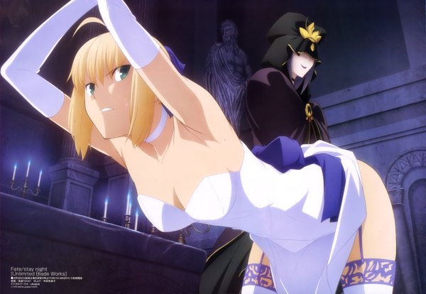 Anime picture 5930x4093 with fate (series) fate/stay night type-moon megami magazine artoria pendragon (all) saber caster ricardo shimabukuro highres short hair blue eyes light erotic blonde hair multiple girls signed absurdres official art girl thighhighs dress