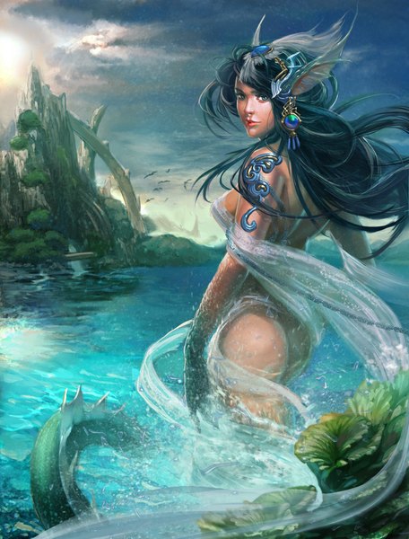 Anime picture 761x1000 with xiaobotong single long hair tall image looking at viewer blue eyes light erotic black hair animal ears light smile back girl water sea shawl mermaid