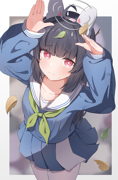 Anime picture 3212x4875 with blue archive miyu (blue archive) nonddu single long hair tall image looking at viewer blush fringe highres black hair red eyes standing animal ears absurdres ahoge blunt bangs long sleeves pleated skirt from above