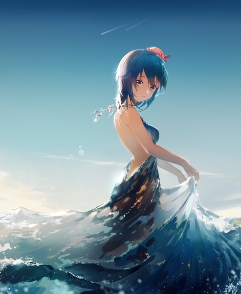 Anime picture 2880x3508 with vocaloid vocaloid china synthesizer v haiyi leiq single tall image looking at viewer blush fringe highres short hair blue eyes light erotic hair between eyes bare shoulders blue hair sky outdoors bare back