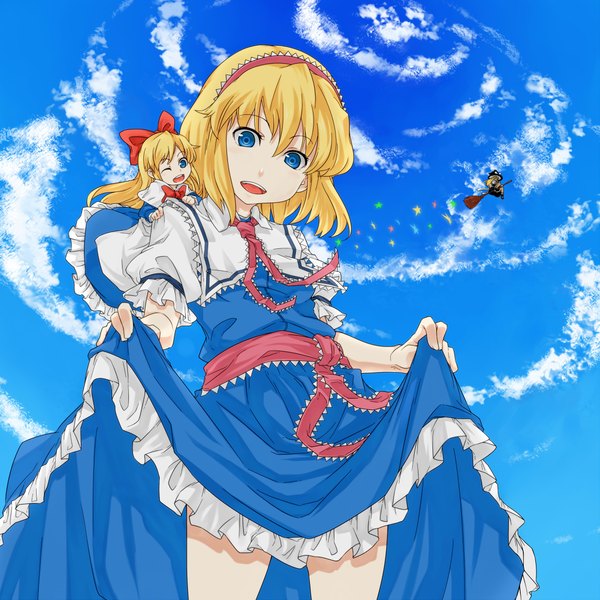 Anime picture 2300x2300 with touhou kirisame marisa alice margatroid shanghai nanairomegane (artist) highres short hair open mouth blue eyes blonde hair multiple girls sky cloud (clouds) one eye closed wink broom riding girl dress bow 2 girls