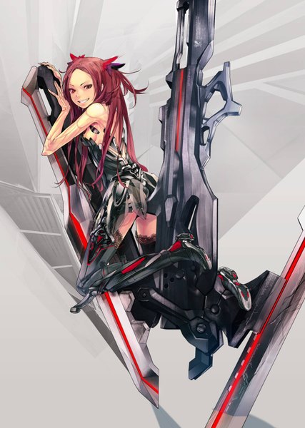 Anime-Bild 1280x1800 mit beatless kouka redjuice single long hair tall image looking at viewer light erotic smile bare shoulders red hair looking back girl hair ornament weapon boots thigh boots bodysuit huge weapon android