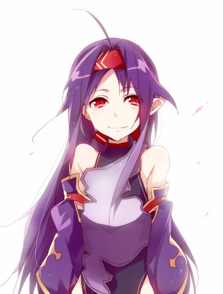 Anime picture 761x1000 with sword art online a-1 pictures yuuki (sao) jianmo sl single long hair tall image looking at viewer fringe simple background smile red eyes white background purple hair ahoge pointy ears wide sleeves girl detached sleeves hairband