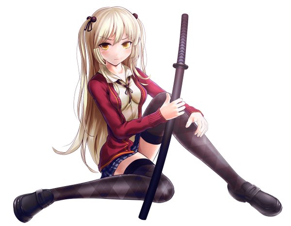 Anime picture 1289x1000 with original qing (pixiv id4667708) single long hair blush simple background white background yellow eyes white hair girl thighhighs uniform weapon black thighhighs school uniform sword shoes katana