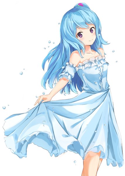 Anime picture 1152x1618 with bang dream! matsubara kanon takeyashi (user dnne7725) single long hair tall image looking at viewer blush fringe simple background smile standing white background purple eyes bare shoulders blue hair one side up dress lift girl dress