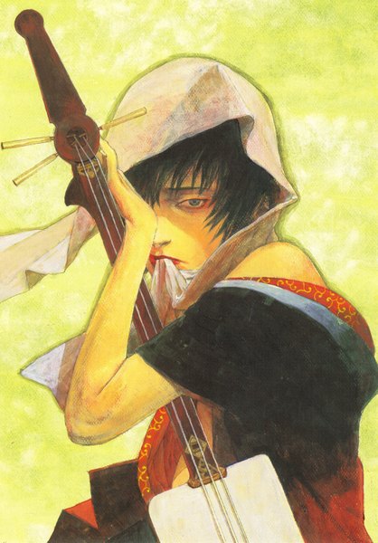 Аниме картинка 4312x6194 с клинок бессмертного самура хироаки один (одна) высокое изображение смотрит на зрителя высокое разрешение короткие волосы чёрные волосы absurdres чёрные глаза жёлтый фон девушка музыкальный инструмент сямисэн