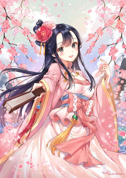 Anime-Bild 720x1018 mit original tena single long hair tall image looking at viewer blush fringe open mouth black hair hair between eyes holding signed payot traditional clothes hair flower black eyes wide sleeves cherry blossoms girl