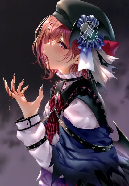 Anime picture 2097x3011 with idolmaster idolmaster shiny colors higuchi madoka piromizu single tall image looking at viewer blush fringe highres short hair open mouth simple background hair between eyes brown hair purple eyes upper body long sleeves nail polish profile