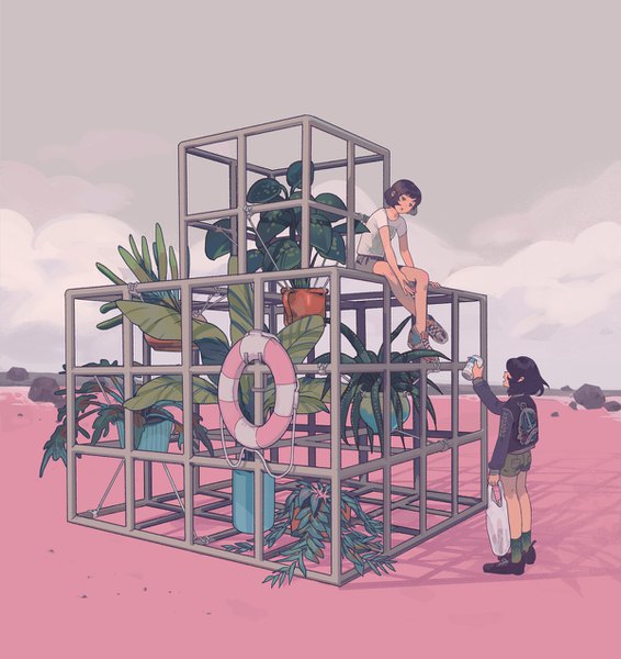Anime picture 1200x1270 with original clea tall image short hair black hair standing sitting multiple girls full body outdoors shadow outstretched hand girl 2 girls plant (plants) shorts potted plant lifebuoy playground