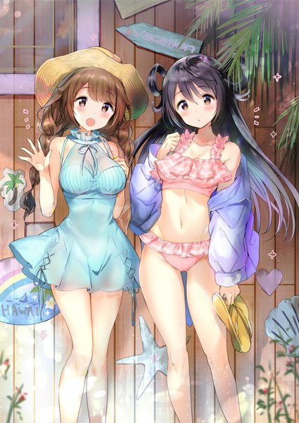 Anime picture 723x1020 with original hayama eishi long hair tall image looking at viewer blush fringe breasts open mouth light erotic black hair hair between eyes brown hair large breasts bare shoulders multiple girls holding brown eyes outdoors braid (braids)