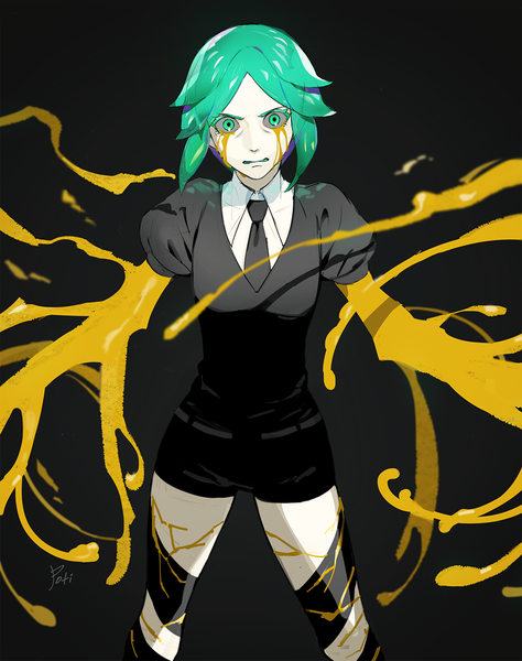 Anime picture 1100x1393 with houseki no kuni phosphophyllite poti single tall image looking at viewer short hair simple background green eyes signed green hair puffy sleeves black background androgynous spoilers uniform necktie gold