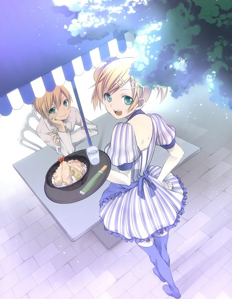 Anime picture 1000x1285 with vocaloid kagamine rin kagamine len sama (artist) tall image looking at viewer short hair open mouth blonde hair smile standing twintails holding looking back aqua eyes from behind arm support shadow hand on hip short twintails
