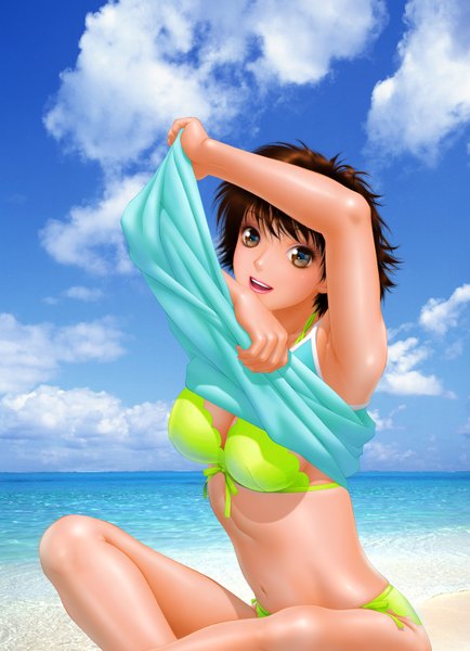 Anime picture 1086x1500 with original toshiki yui single tall image short hair open mouth black hair brown eyes sky cloud (clouds) beach girl navel swimsuit bikini