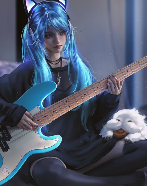Anime picture 5543x7000 with league of legends sona buvelle poro (league of legends) arcade sona (league of legends) nixeu single long hair tall image fringe highres blue eyes sitting blue hair looking away absurdres long sleeves nail polish fingernails lips alternate costume
