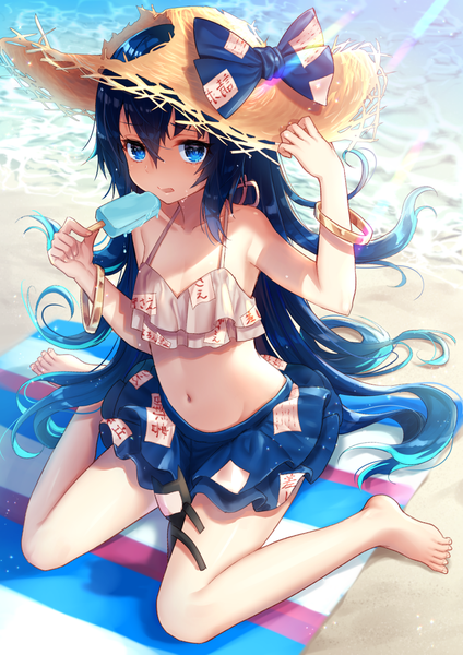 Anime picture 955x1351 with touhou yorigami shion nunucco single tall image looking at viewer blush fringe open mouth blue eyes hair between eyes sitting bare shoulders holding blue hair full body very long hair barefoot sunlight wet