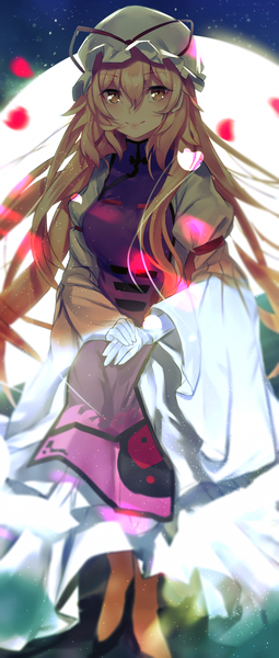 Anime picture 746x1751 with touhou yakumo yukari asuzemu single long hair tall image looking at viewer fringe blonde hair smile hair between eyes sitting yellow eyes hands clasped girl hat petals bonnet tabard