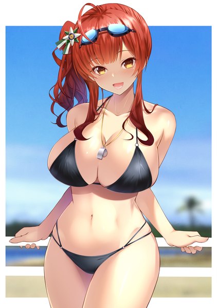 Anime picture 1406x2000 with azur lane zara (azur lane) zara (poolside coincidence) (azur lane) emanon123 single long hair tall image looking at viewer blush fringe breasts open mouth light erotic large breasts standing bare shoulders yellow eyes payot sky ahoge