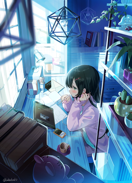 Anime picture 1500x2086 with original akamoku single long hair tall image blush fringe black hair hair between eyes sitting holding green eyes looking away indoors long sleeves arm up from above sunlight girl plant (plants)