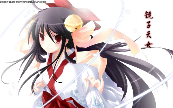 Anime picture 1200x750 with original myhilary single long hair blush black hair smile red eyes wide image white background ahoge japanese clothes hieroglyph girl bow hair bow kimono bell yukata