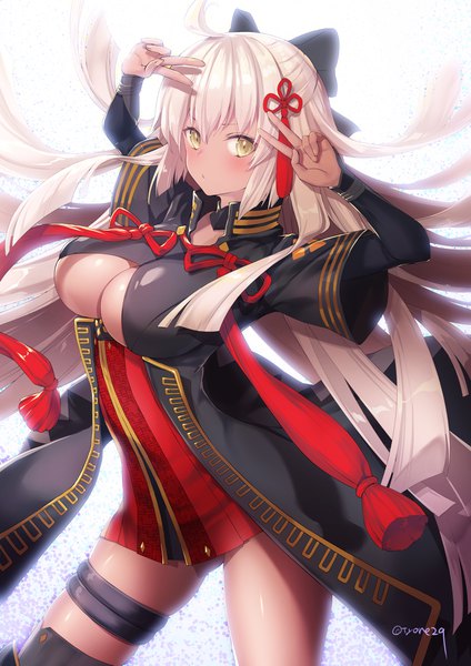 Anime picture 2894x4093 with fate (series) fate/grand order koha-ace okita souji (fate) (all) okita souji alter (fate) tyone single long hair tall image looking at viewer blush fringe highres breasts light erotic simple background blonde hair hair between eyes large breasts standing