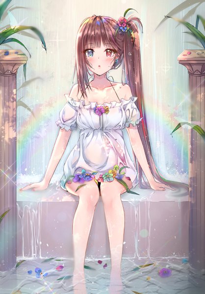 Anime picture 1800x2583 with original cuna (qunya) single long hair tall image looking at viewer blush fringe highres open mouth blue eyes red eyes brown hair sitting bare shoulders blunt bangs nail polish hair flower fingernails mole