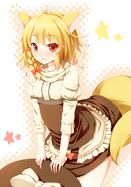 Anime picture 1200x1700 with touhou kirisame marisa dabadhi single tall image blush short hair open mouth simple background blonde hair red eyes braid (braids) fox ears fox tail pink background girl dress skirt bow hair bow