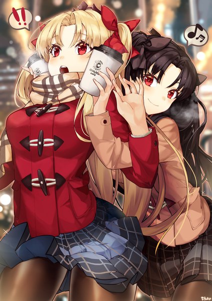 Anime-Bild 1559x2208 mit fate (series) fate/grand order ishtar (fate) ereshkigal (fate) utayoi (umakatare) long hair tall image looking at viewer blush fringe open mouth black hair blonde hair smile red eyes standing multiple girls holding looking away pleated skirt