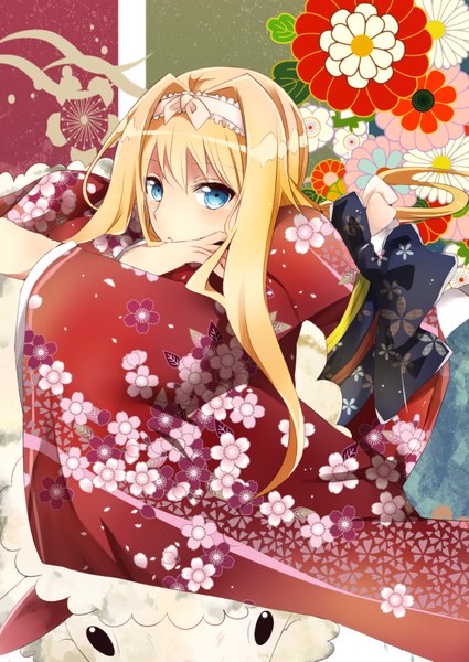 Anime picture 900x1269 with sword art online sword art online: alicization a-1 pictures alice zuberg getsuyoubi long hair tall image blush blue eyes blonde hair traditional clothes japanese clothes black eyes girl flower (flowers) animal belt hairband kimono