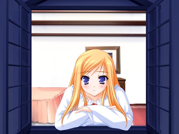 Anime picture 1024x768 with nursery rhyme single blue eyes blonde hair game cg girl window